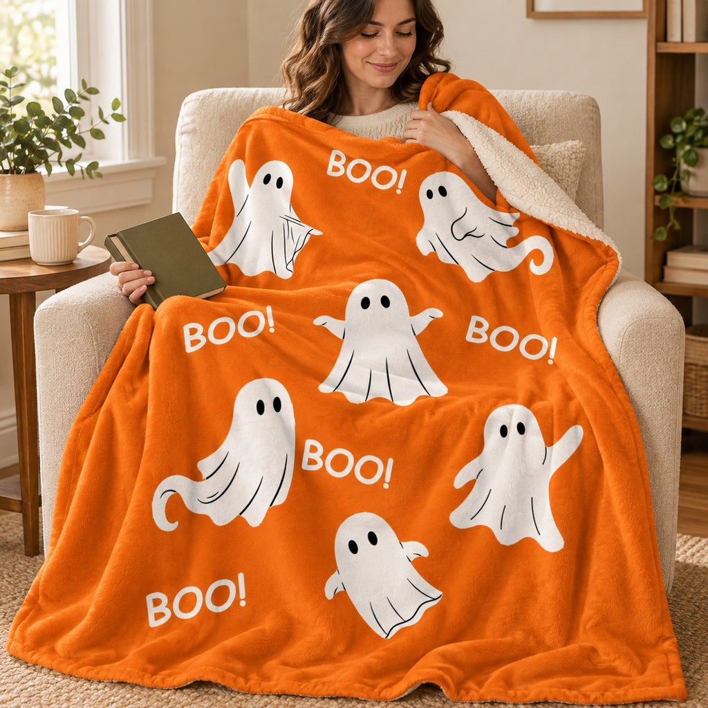 Ghost Boo - Orange blanket, wrapped around a reader