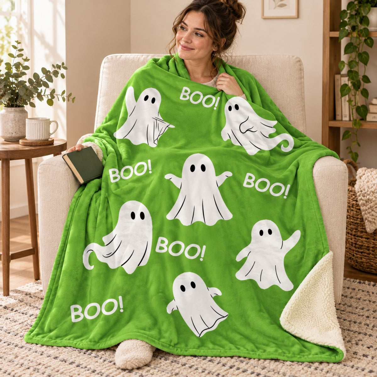Ghost Boo - Green blanket, wrapped around a reader