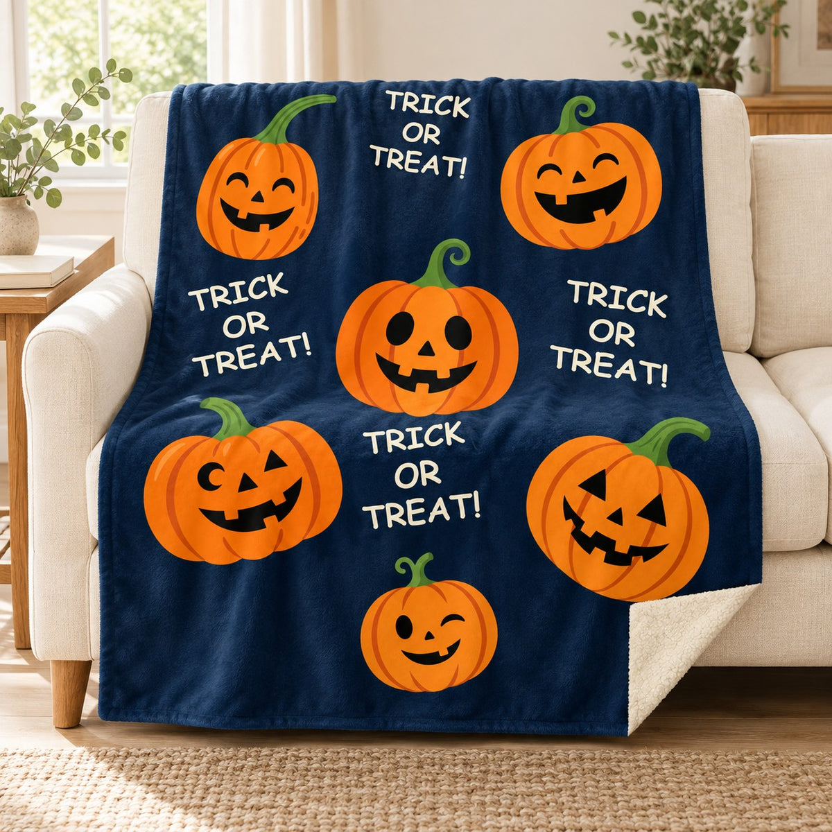 Pumpkin Party - Midnight Blue blanket, on a sofa