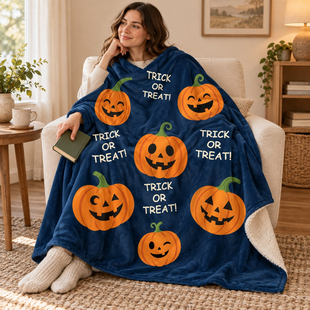 Pumpkin Party - Midnight Blue blanket, wrapped around a reader