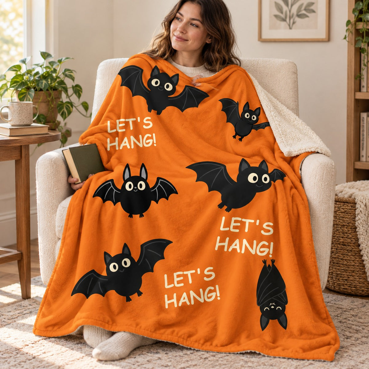 Let's Hang! - Orange blanket, wrapped around a reader
