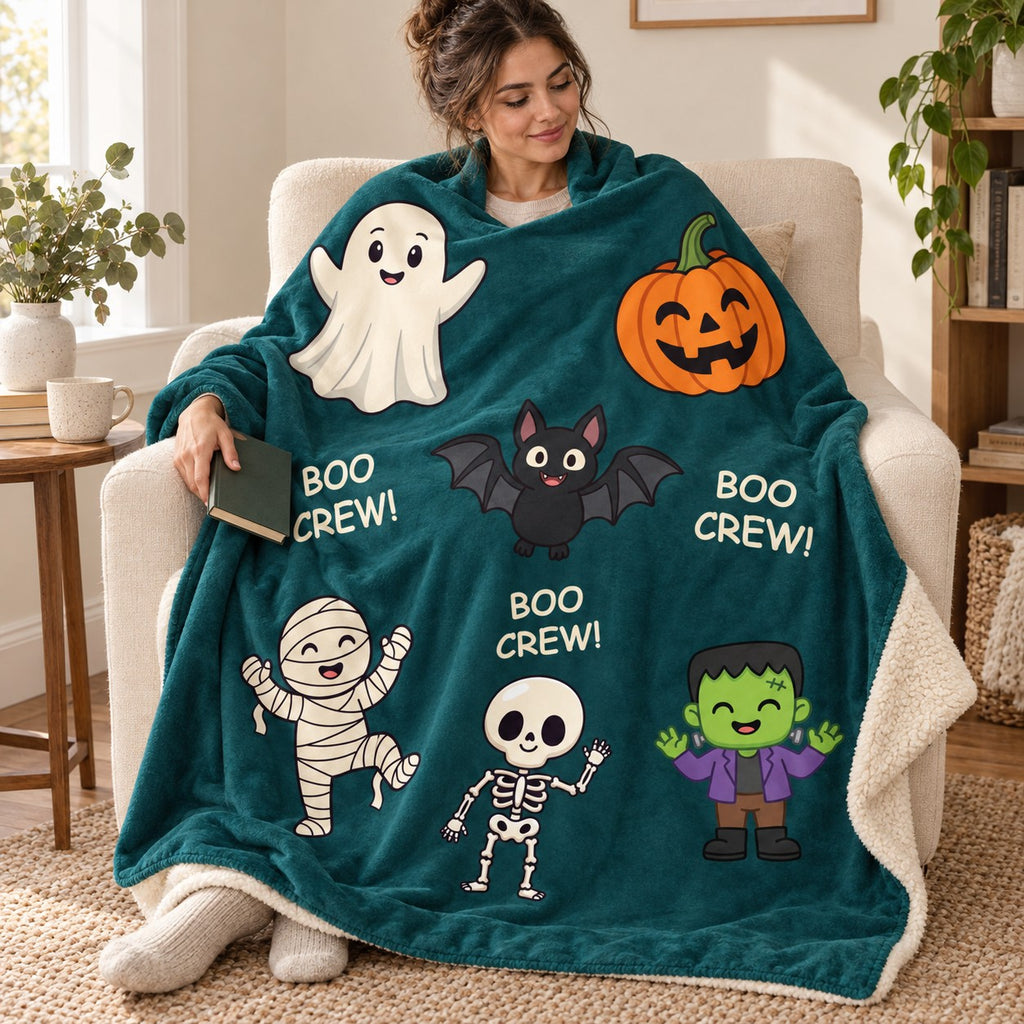 Boo Crew - Teal blanket, wrapped around a reader