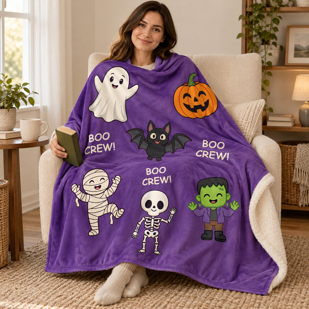 Boo Crew - Purple blanket, wrapped around a reader