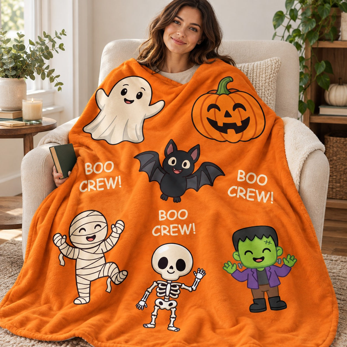 Boo Crew - Orange blanket, wrapped around a reader
