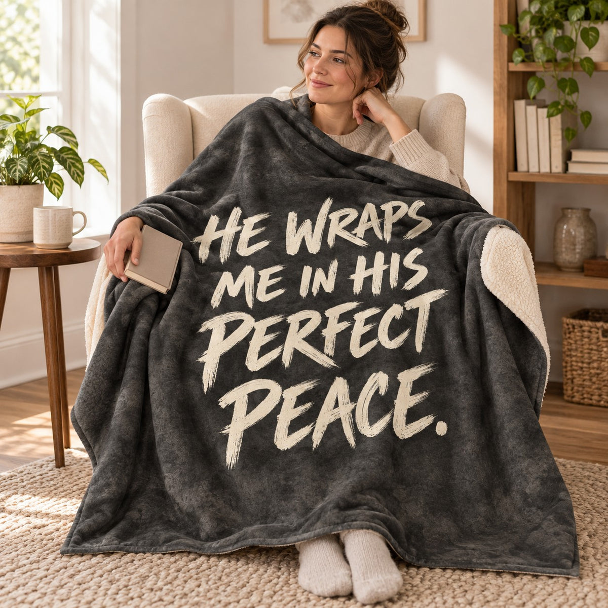Charcoal Stillness blanket, wrapped around a reader