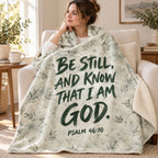 Quiet Olive blanket, wrapped around a reader