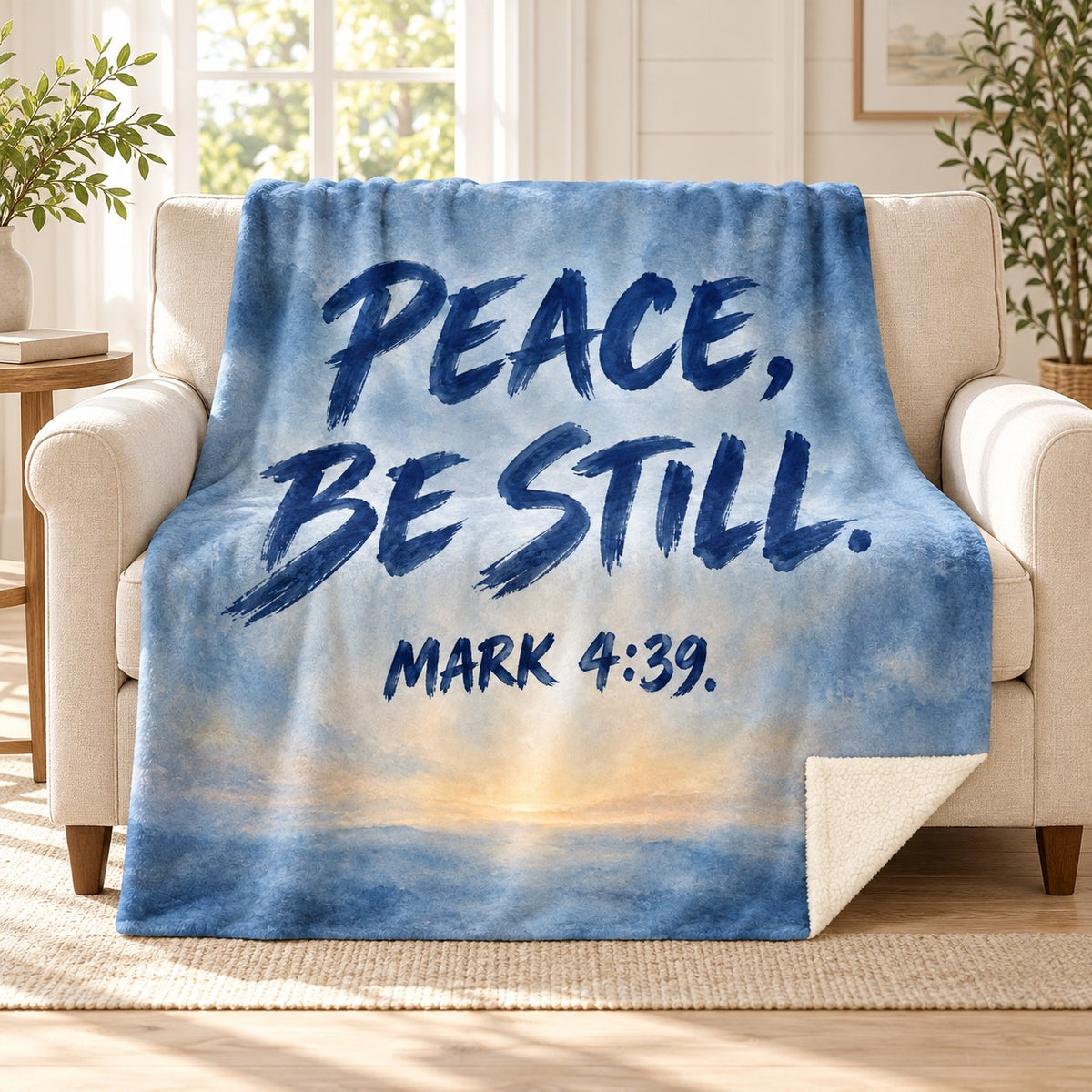 Blue Hour Peace blanket, on a sofa