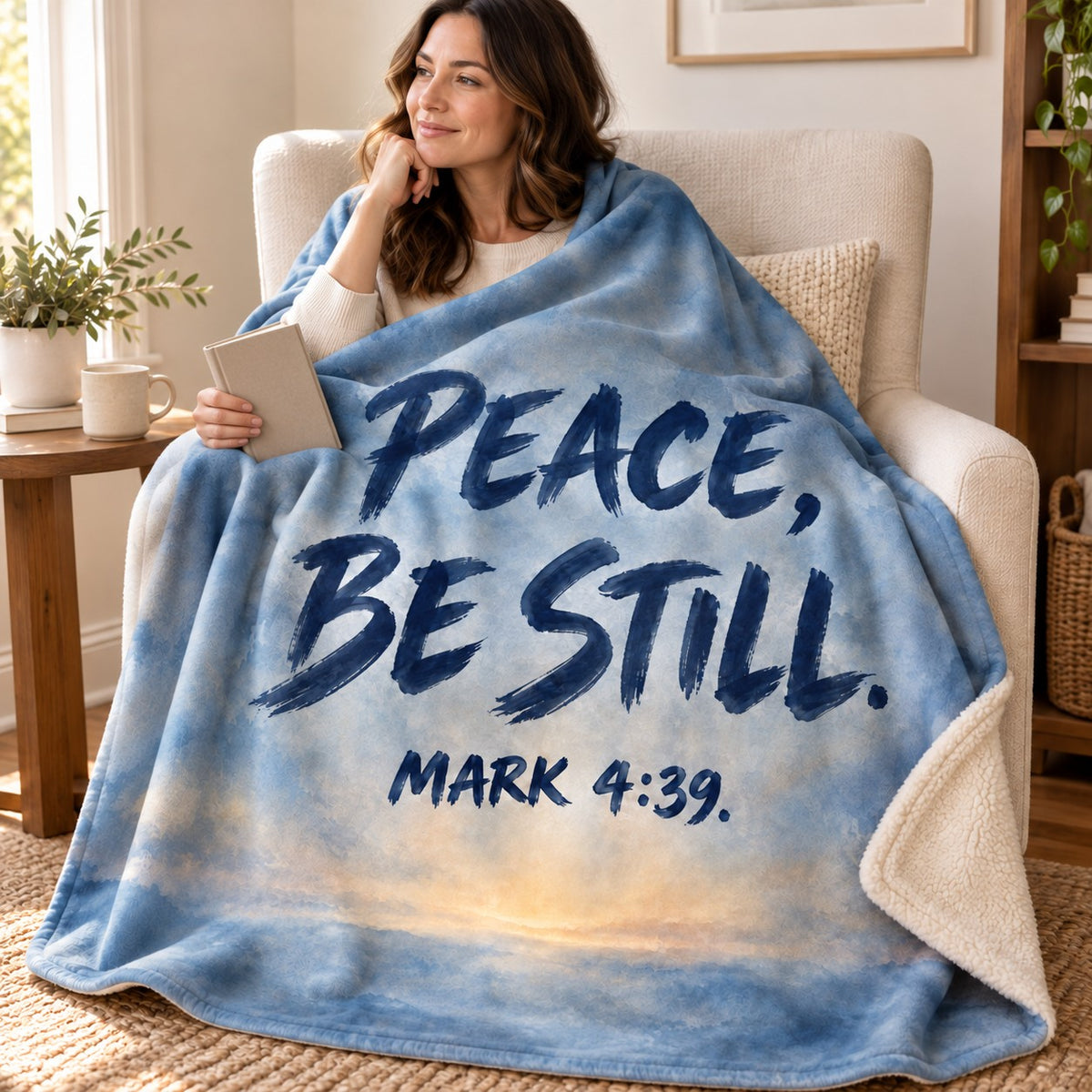 Blue Hour Peace blanket, wrapped around a reader
