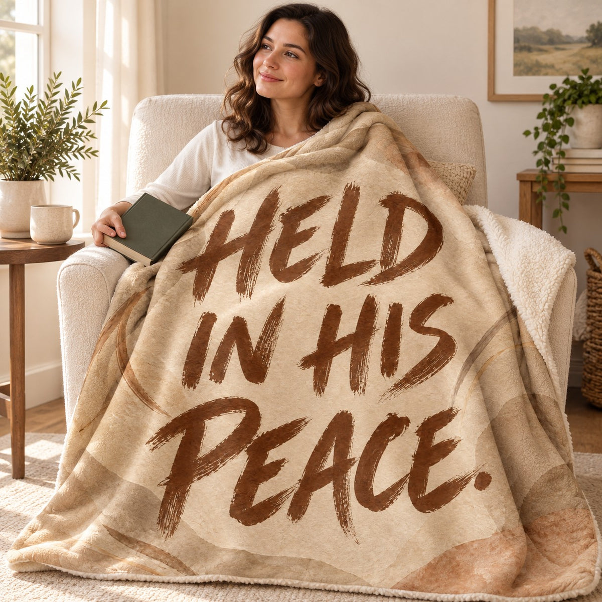 Earthen Grace blanket, wrapped around a reader