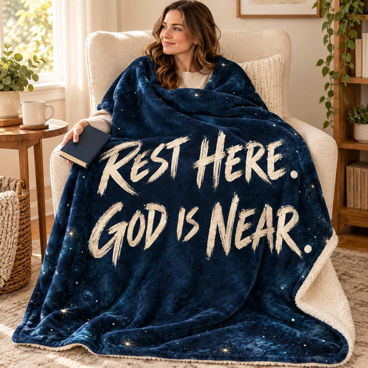 Night of Peace blanket, wrapped around a reader
