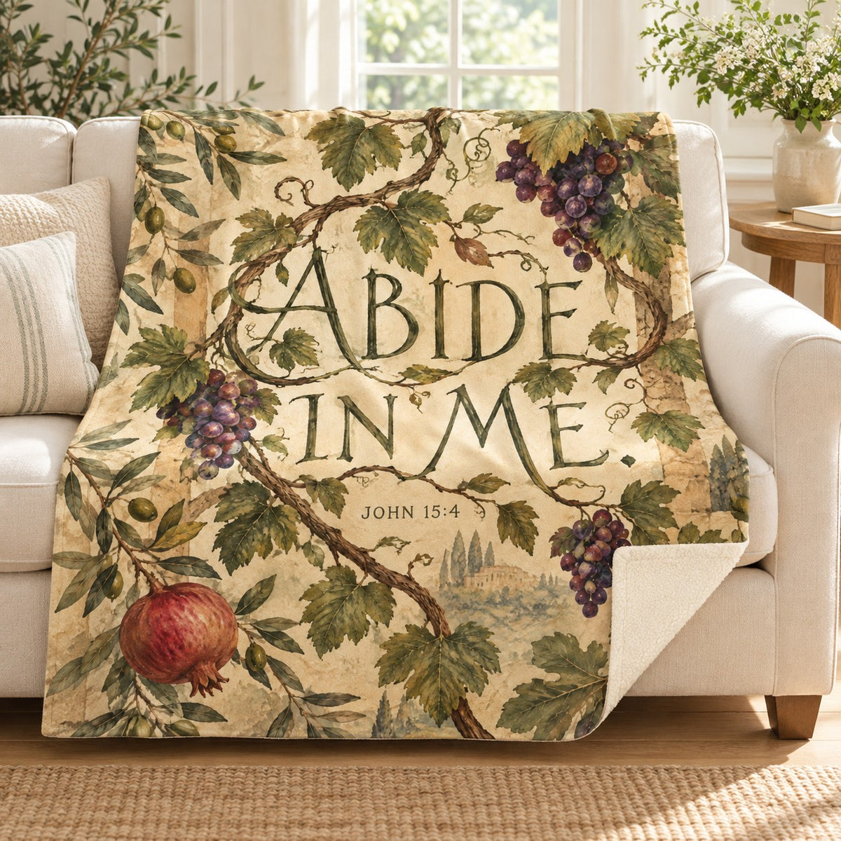 Abide in Me blanket, on a sofa