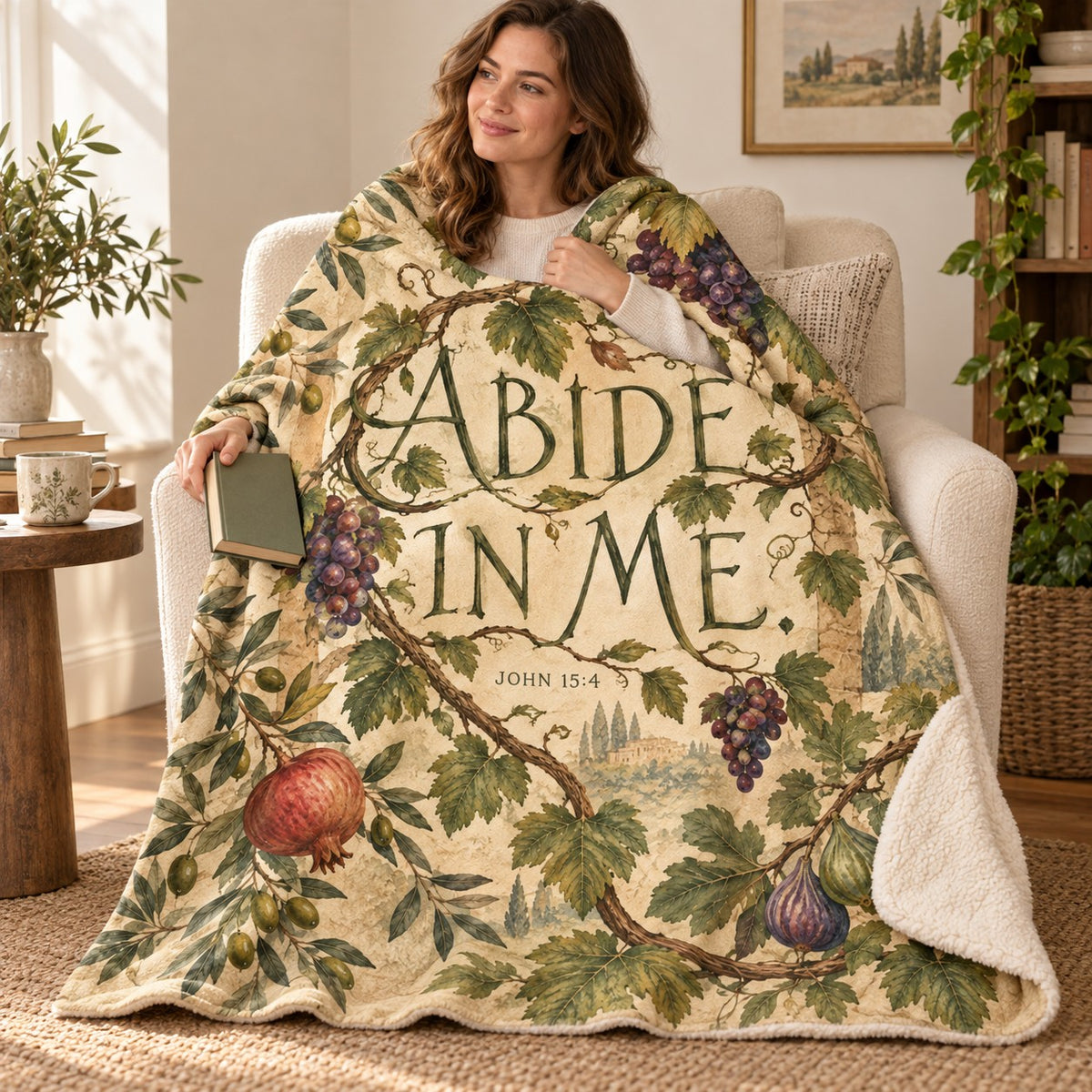 Abide in Me blanket, wrapped around a reader