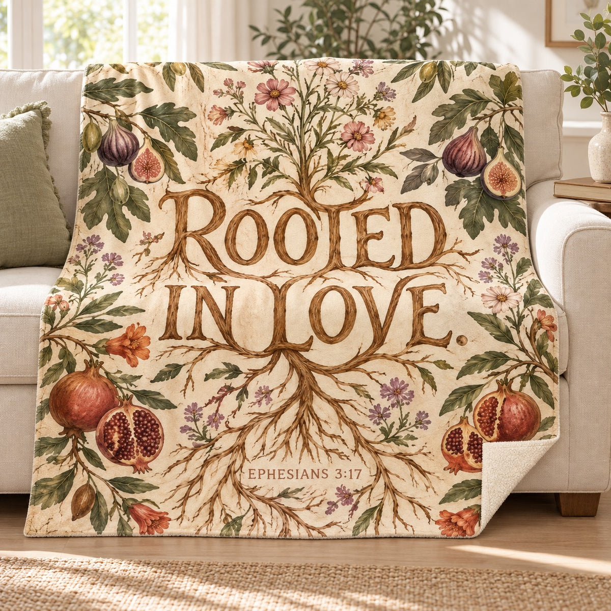 Rooted in Love blanket, on a sofa