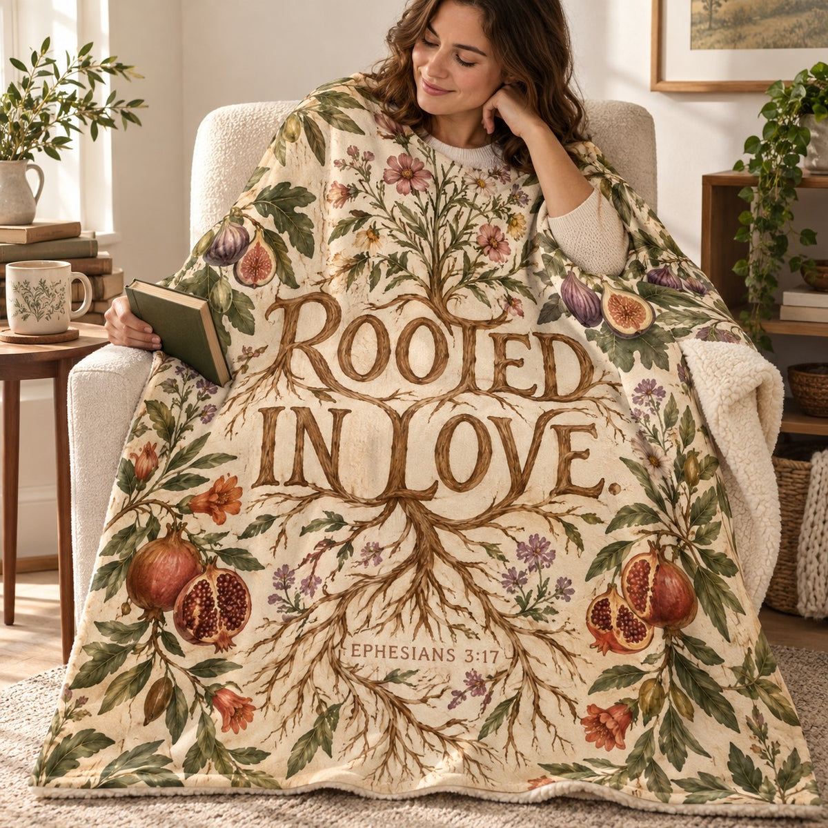 Rooted in Love blanket, wrapped around a reader