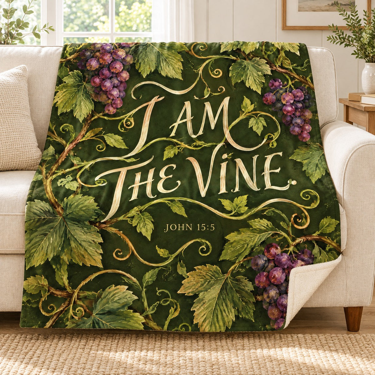 I Am the Vine blanket, on a sofa