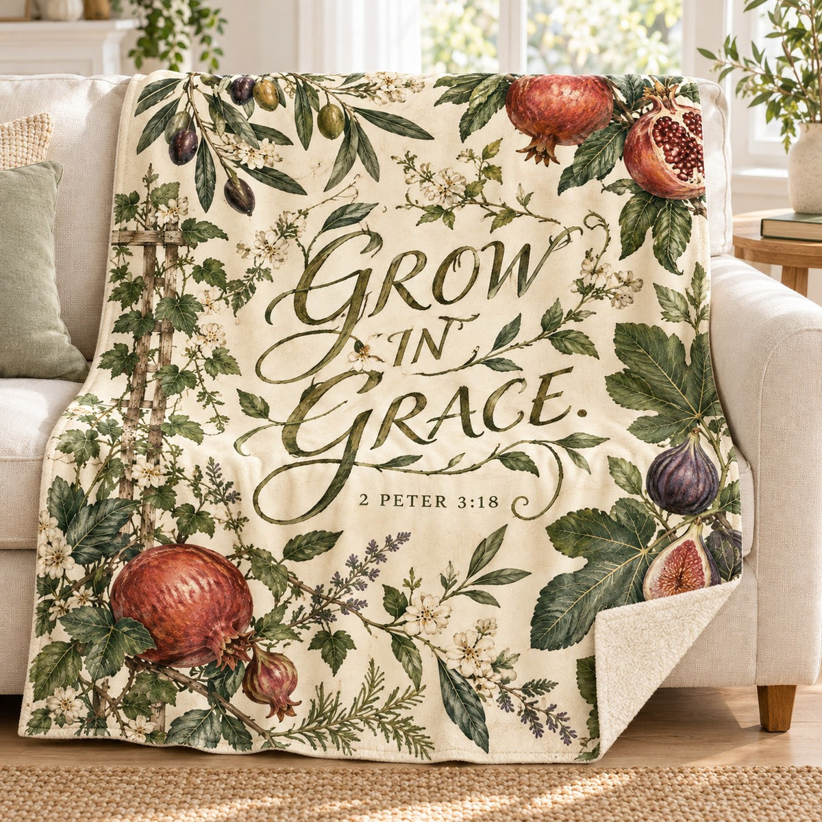 Grow in Grace blanket, on a sofa