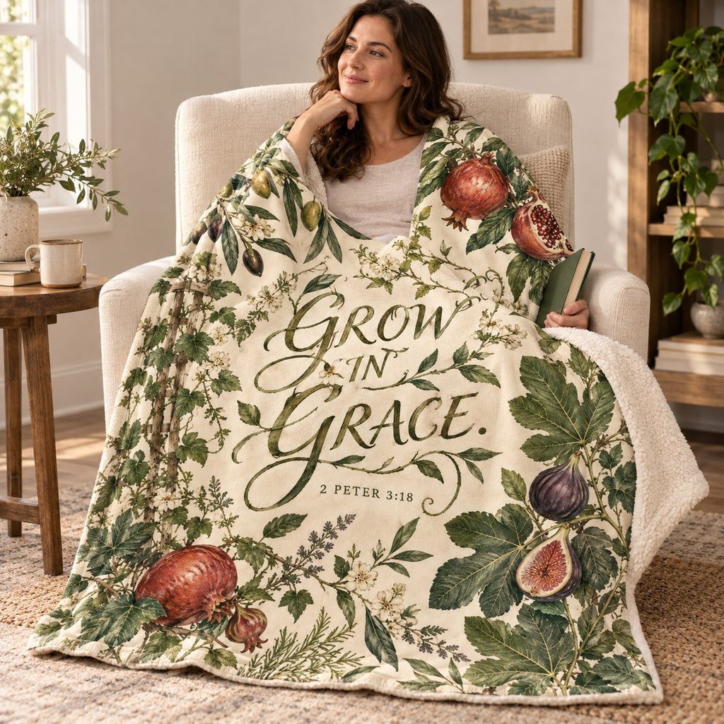 Grow in Grace blanket, wrapped around a reader