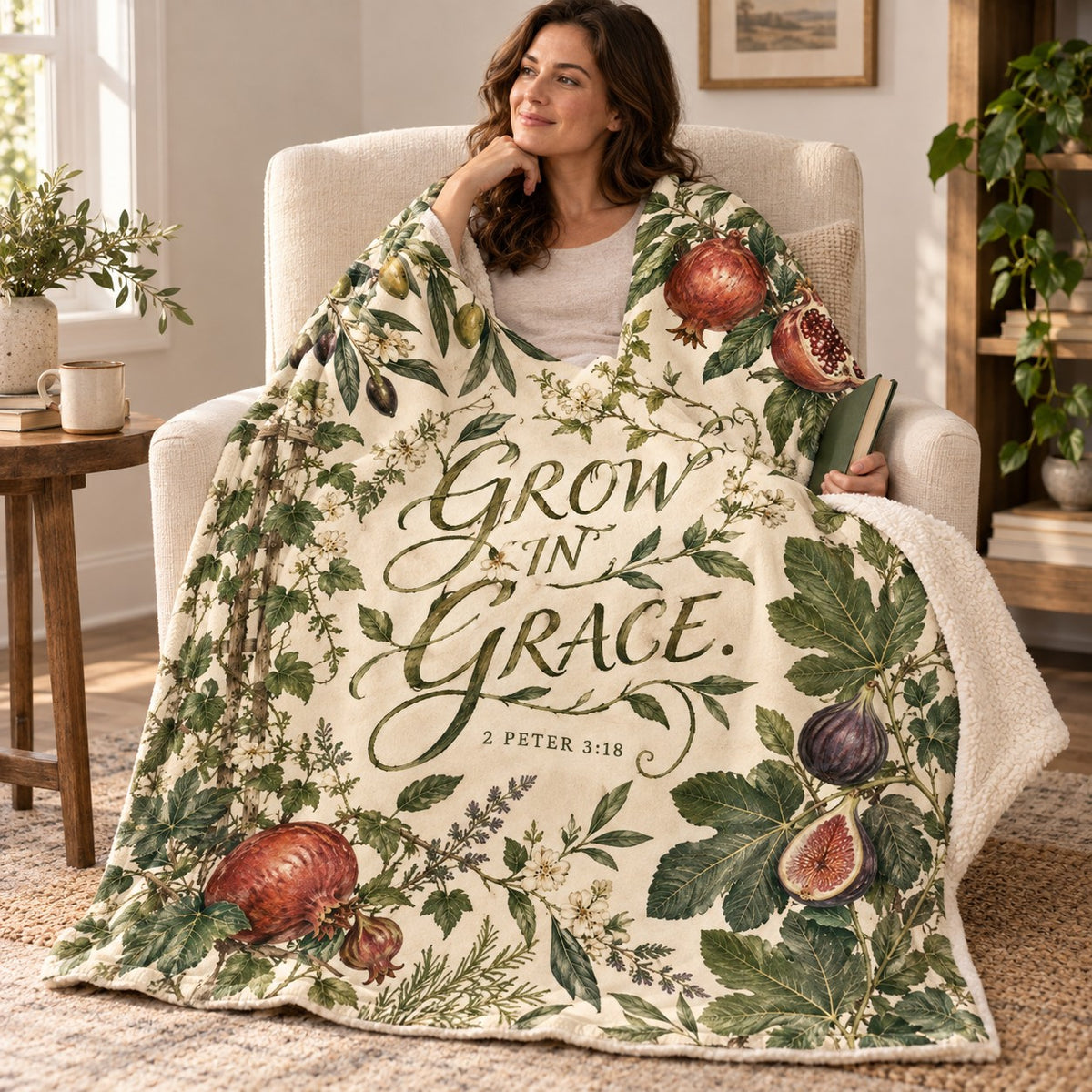 Grow in Grace blanket, wrapped around a reader