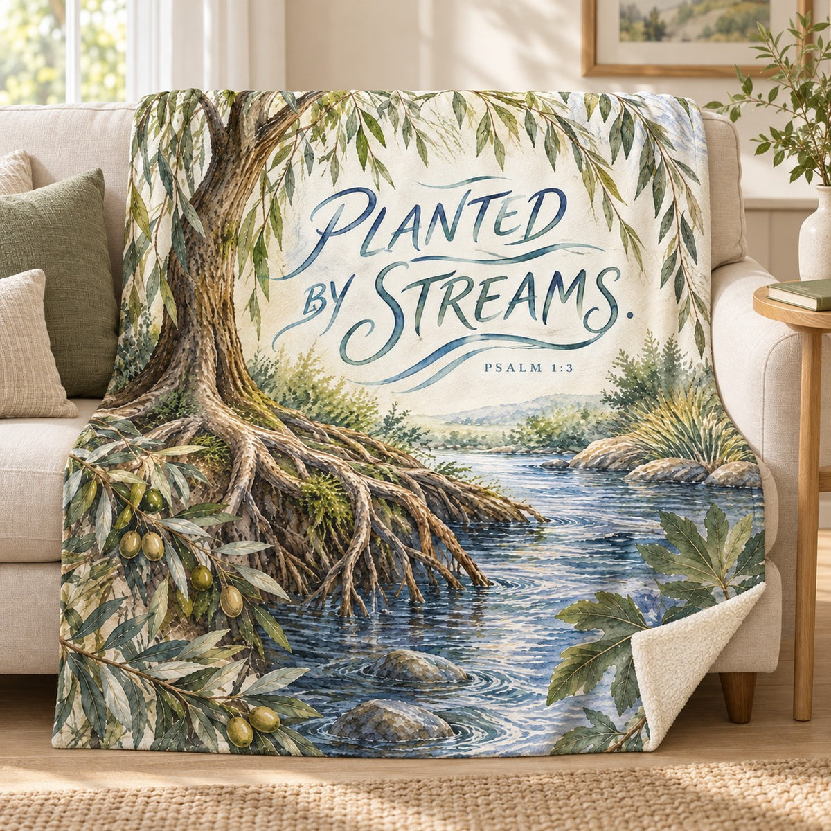 Planted by Streams blanket, on a sofa