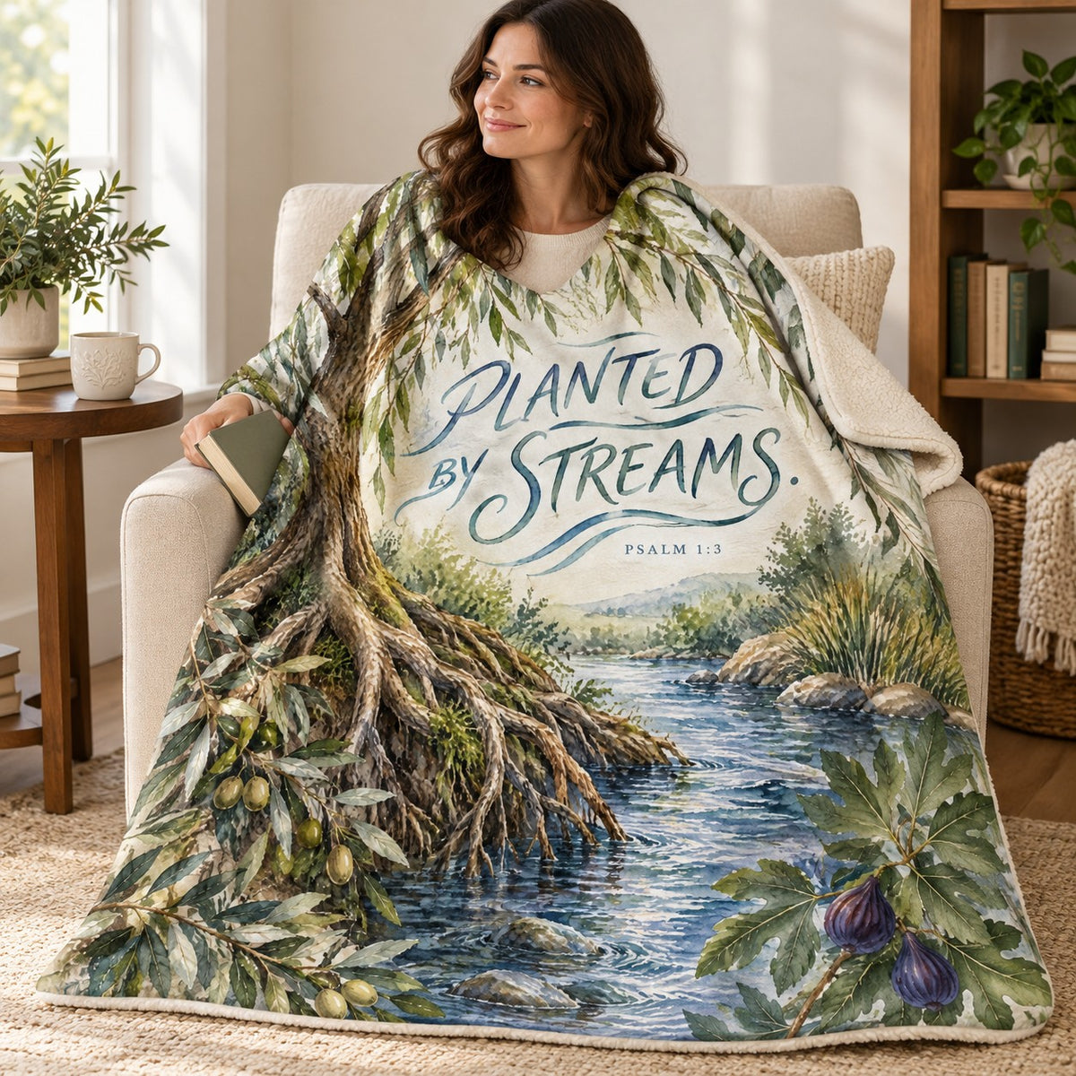 Planted by Streams blanket, wrapped around a reader