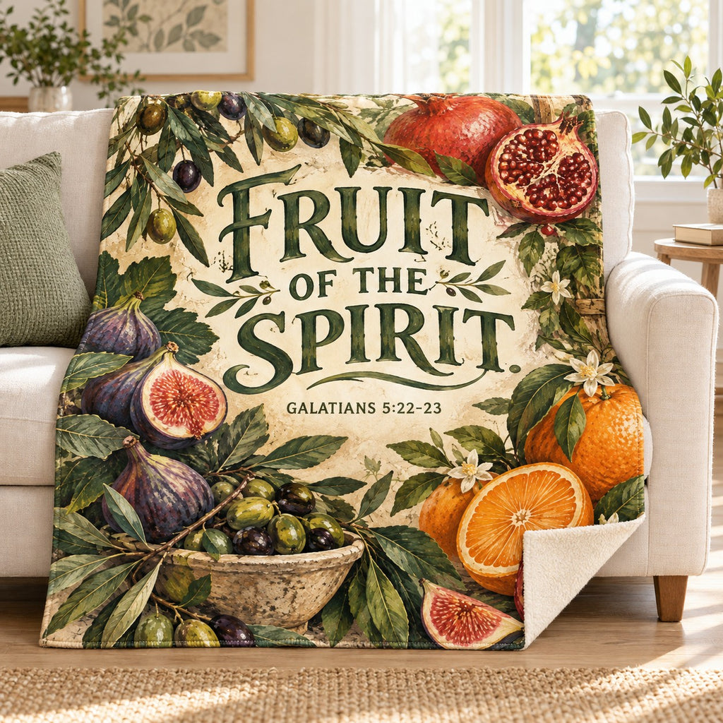 Fruit of the Spirit blanket, on a sofa