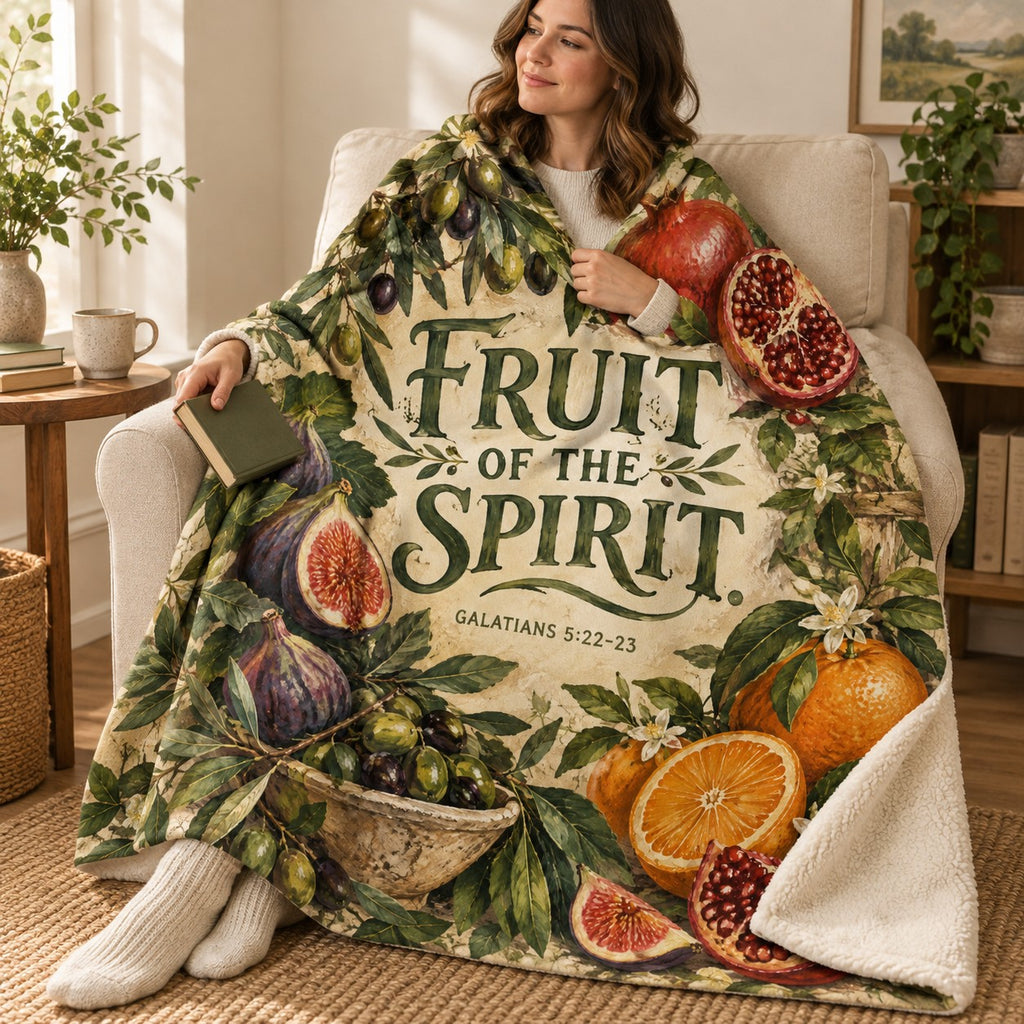 Fruit of the Spirit blanket, wrapped around a reader