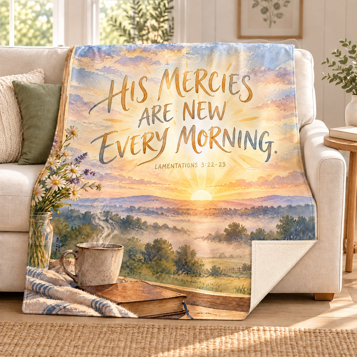 New Every Morning blanket, on a sofa