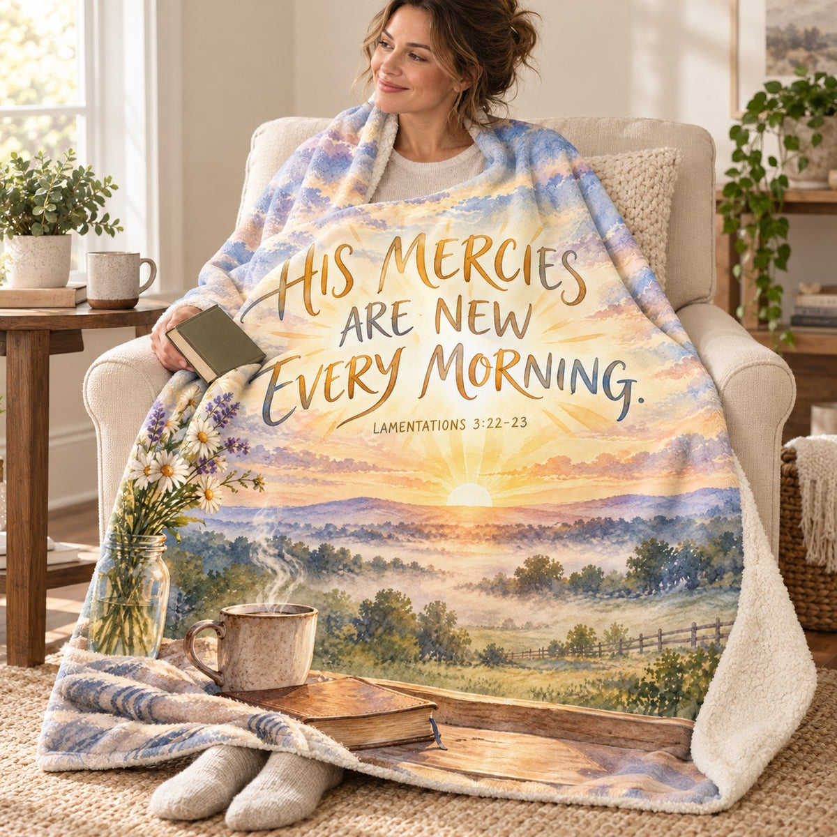 New Every Morning blanket, wrapped around a reader
