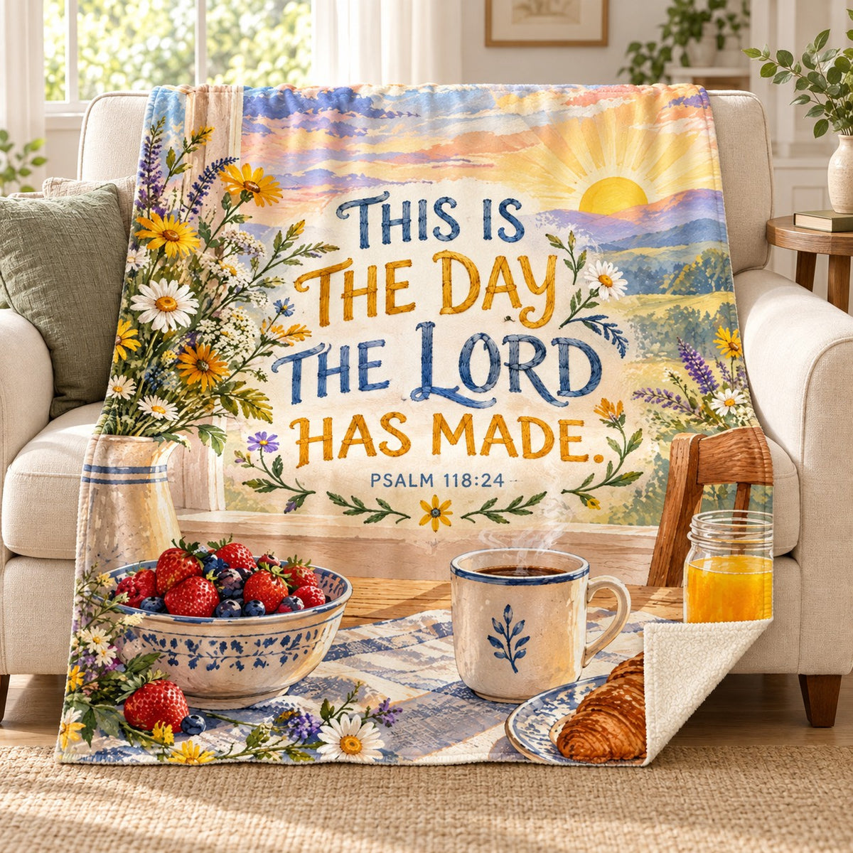 This Is the Day blanket, on a sofa