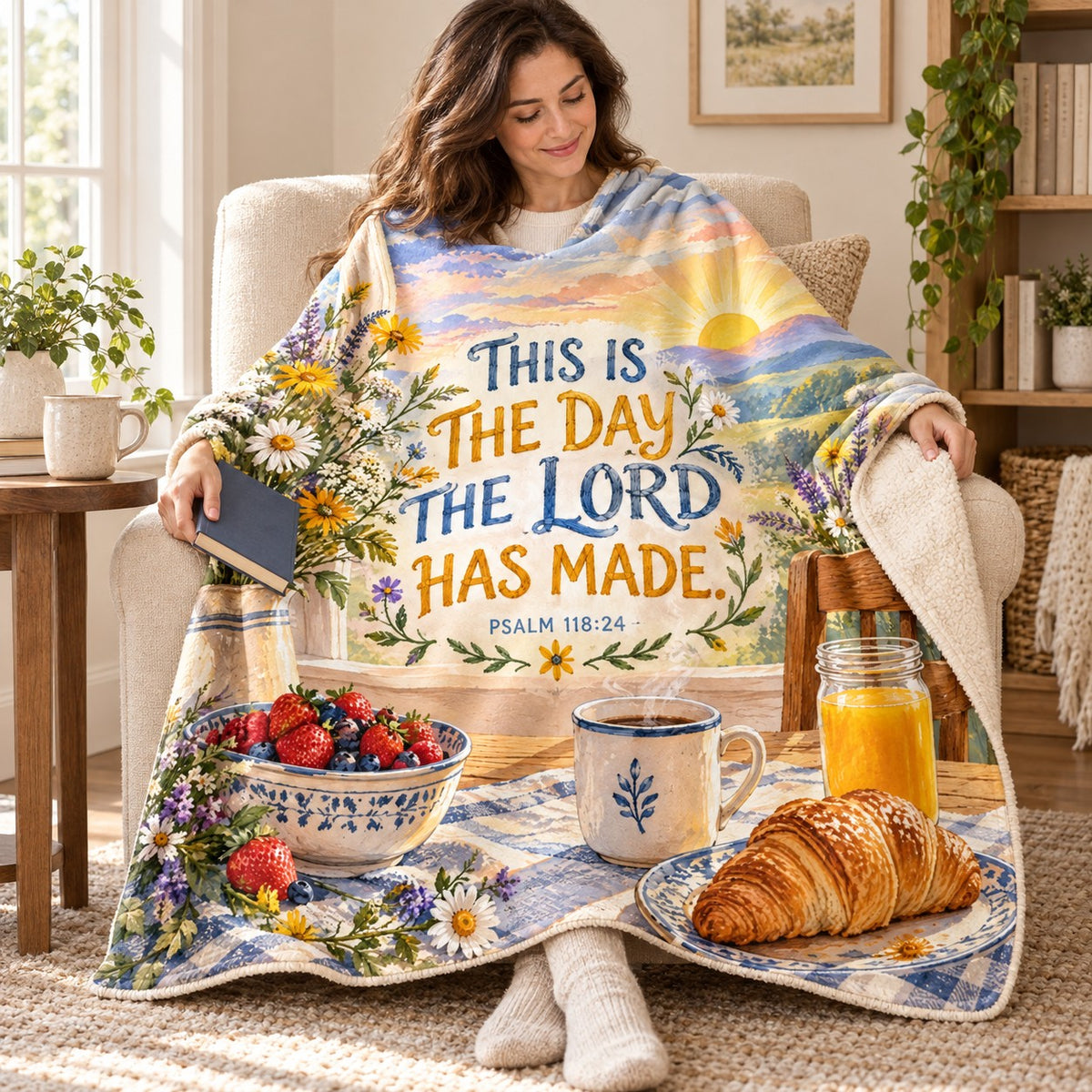 This Is the Day blanket, wrapped around a reader