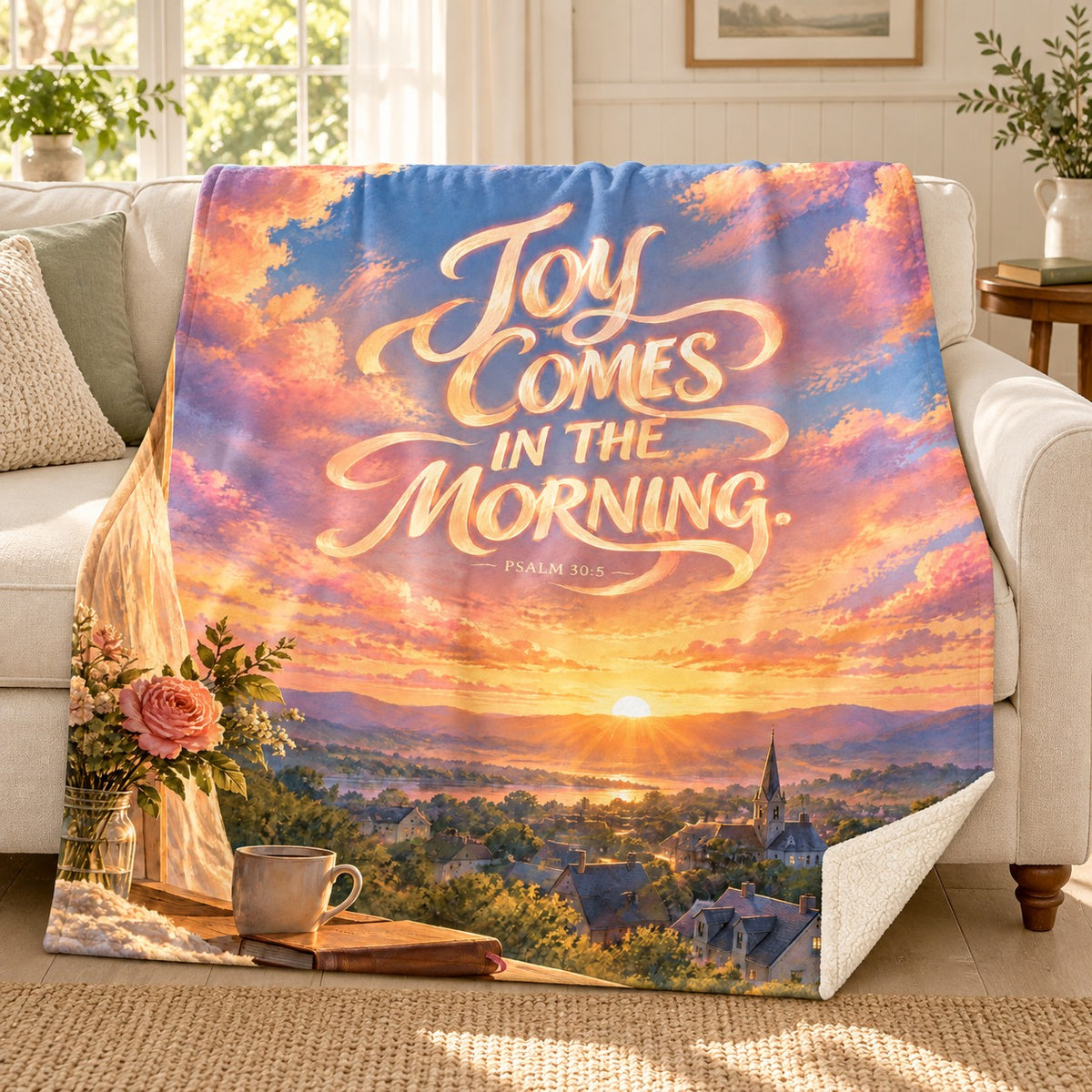 Joy Comes blanket, on a sofa