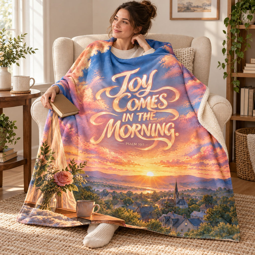 Joy Comes blanket, wrapped around a reader