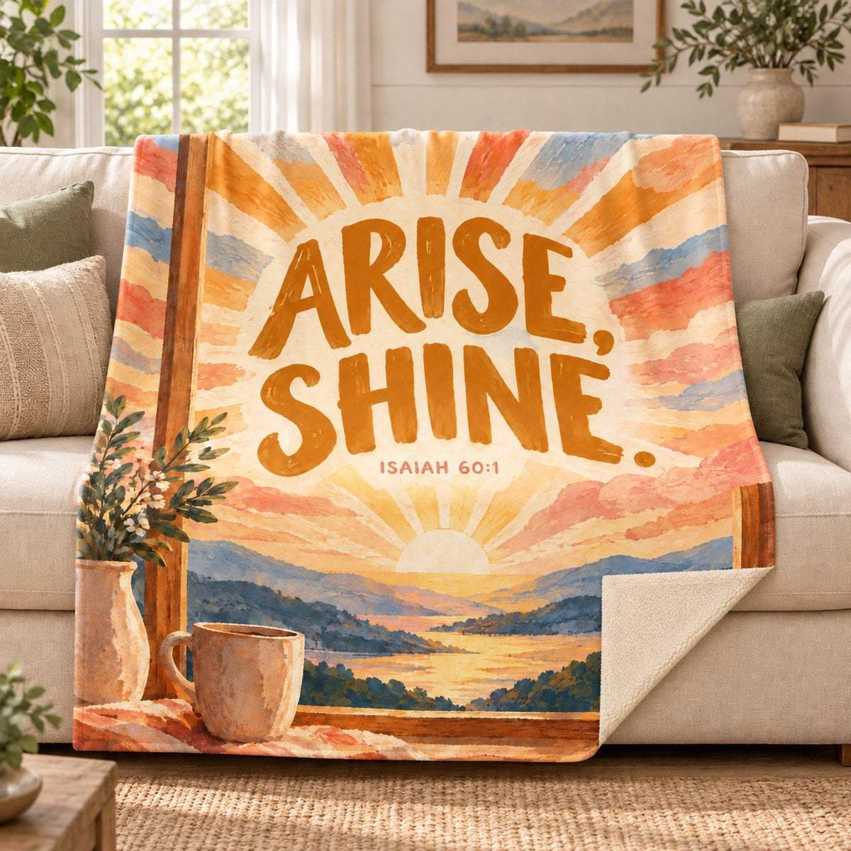 Arise Shine blanket, on a sofa