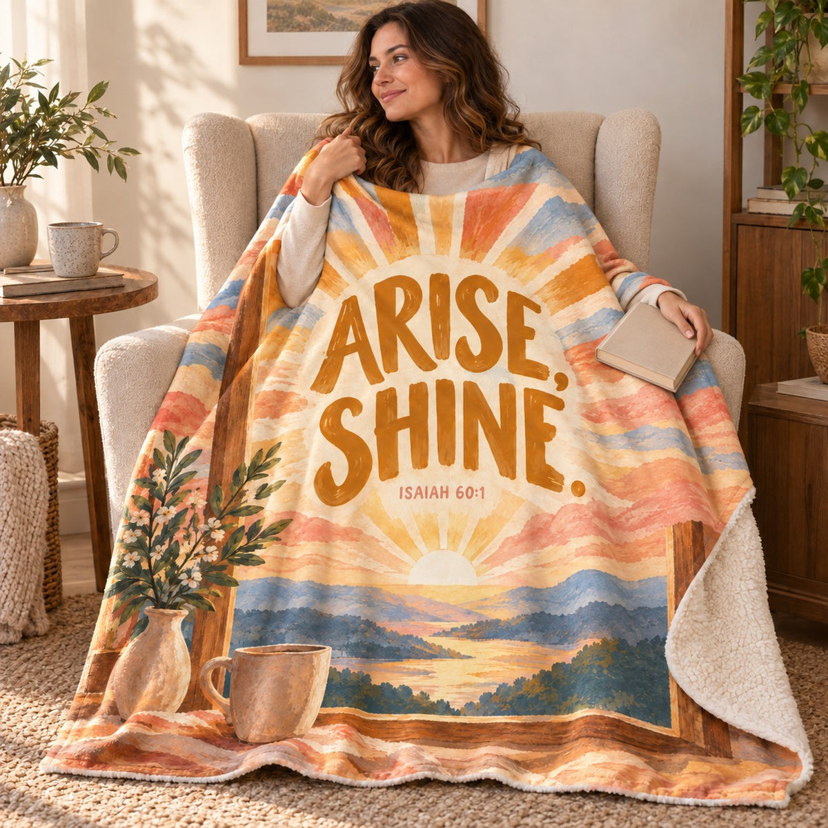 Arise Shine blanket, wrapped around a reader