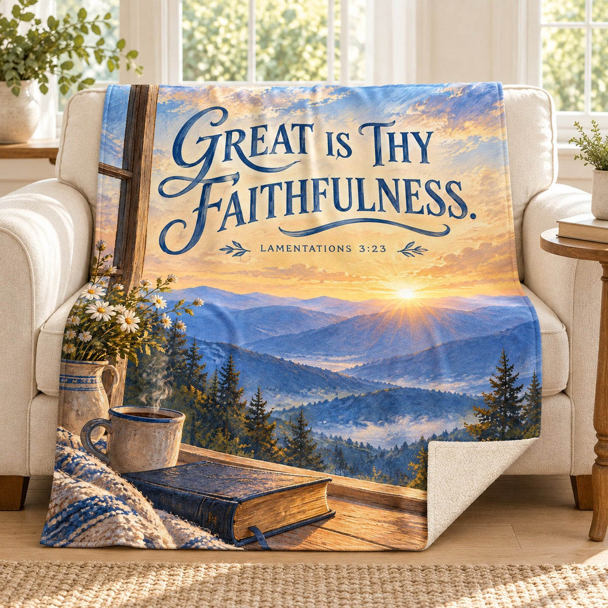 Great Is Thy Faithfulness blanket, on a sofa