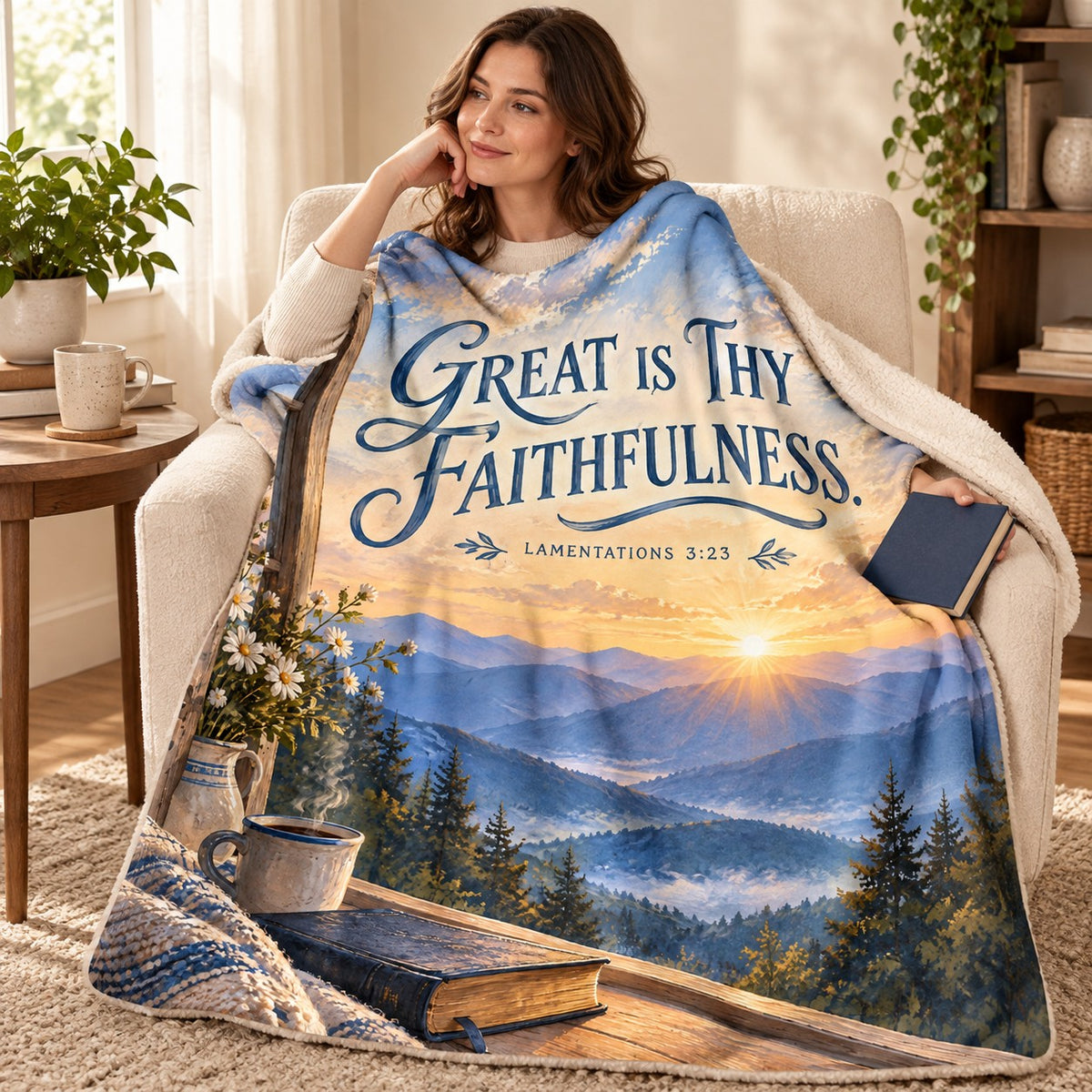 Great Is Thy Faithfulness blanket, wrapped around a reader