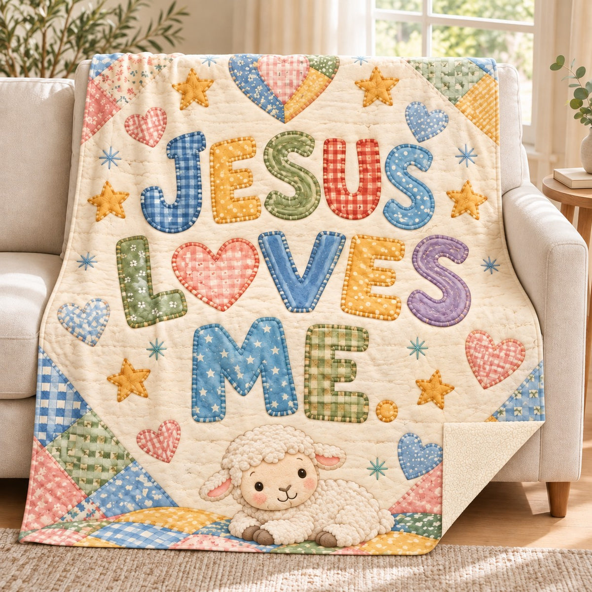 Jesus Loves Me blanket, on a sofa
