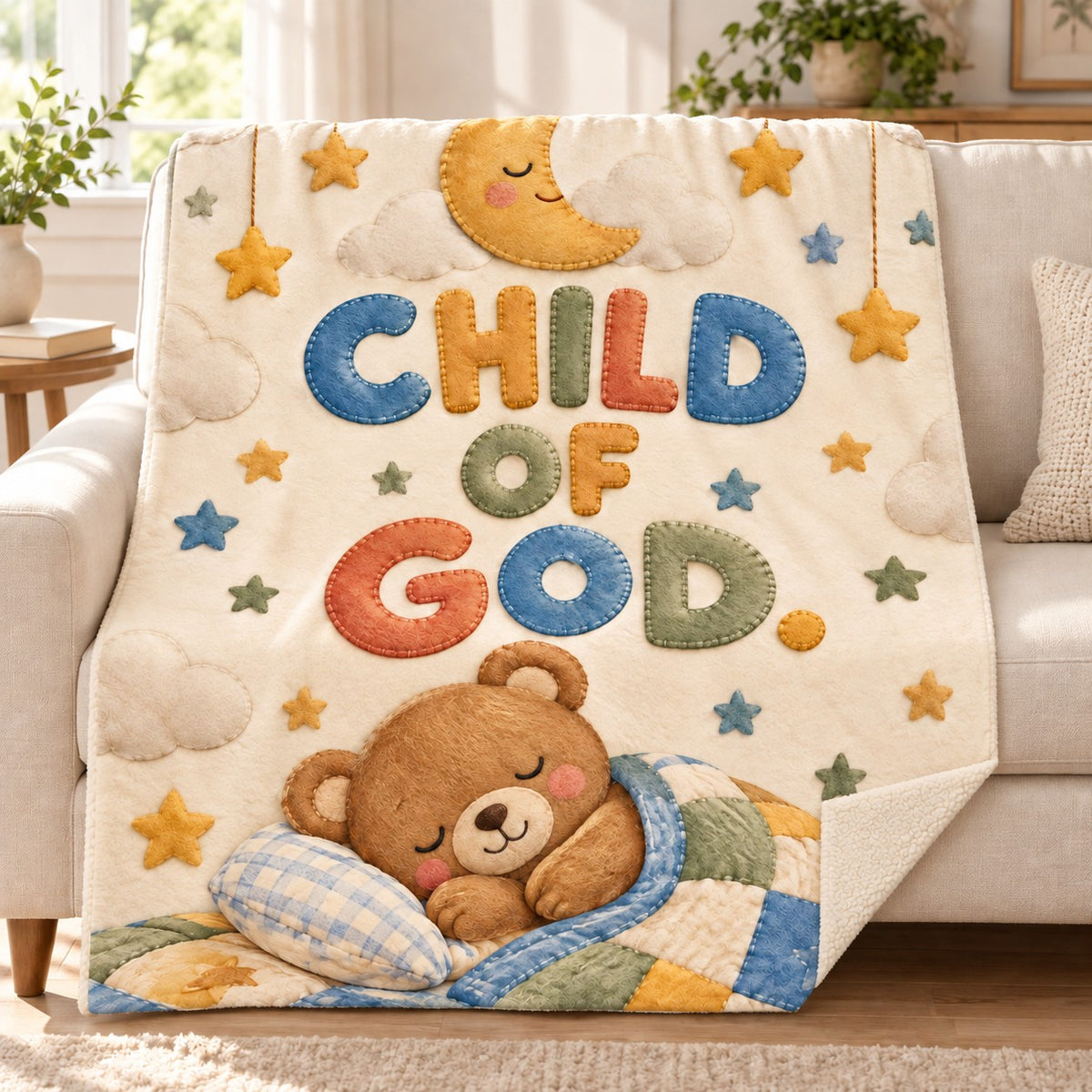 Child of God Nursery blanket, on a sofa