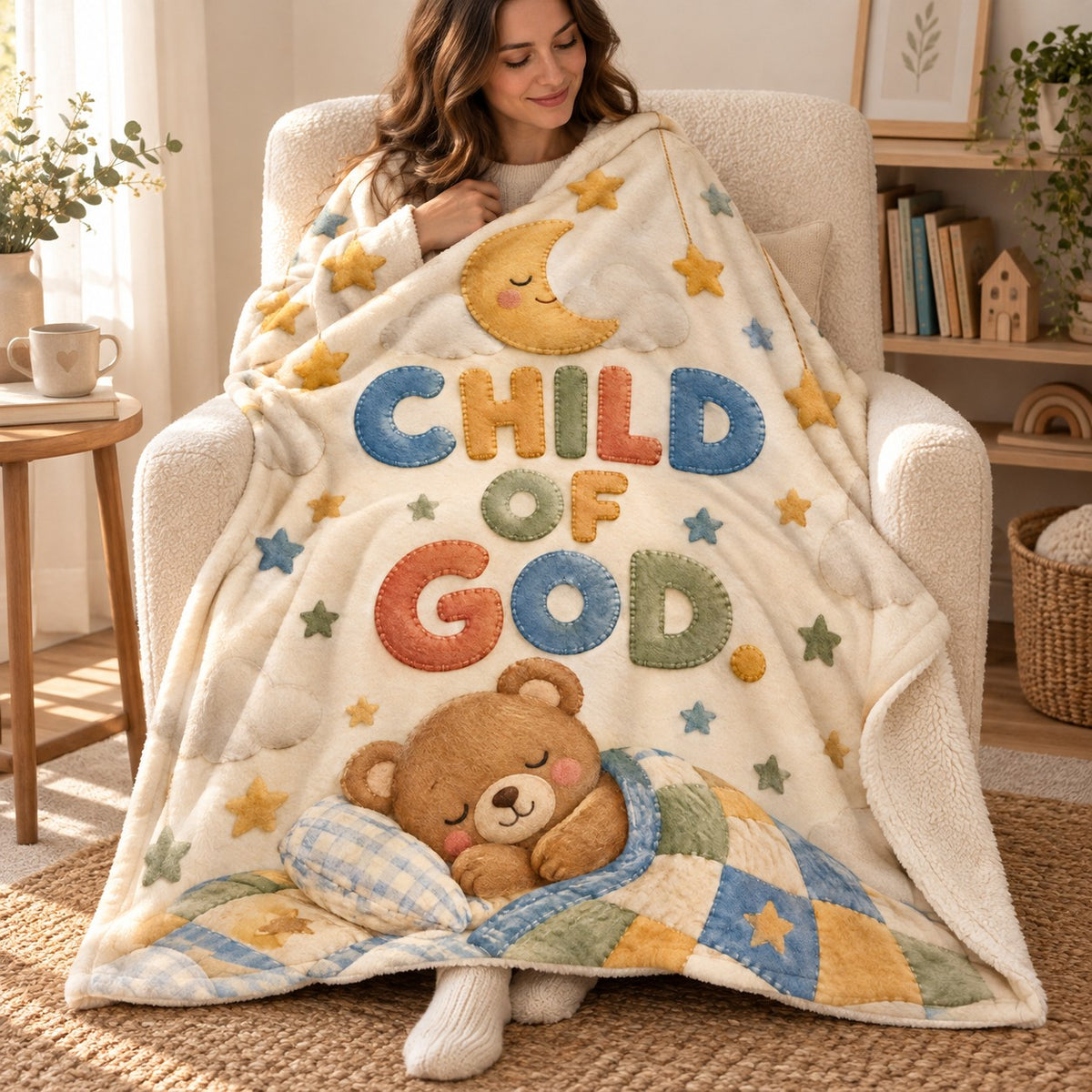 Child of God Nursery blanket, wrapped around a reader