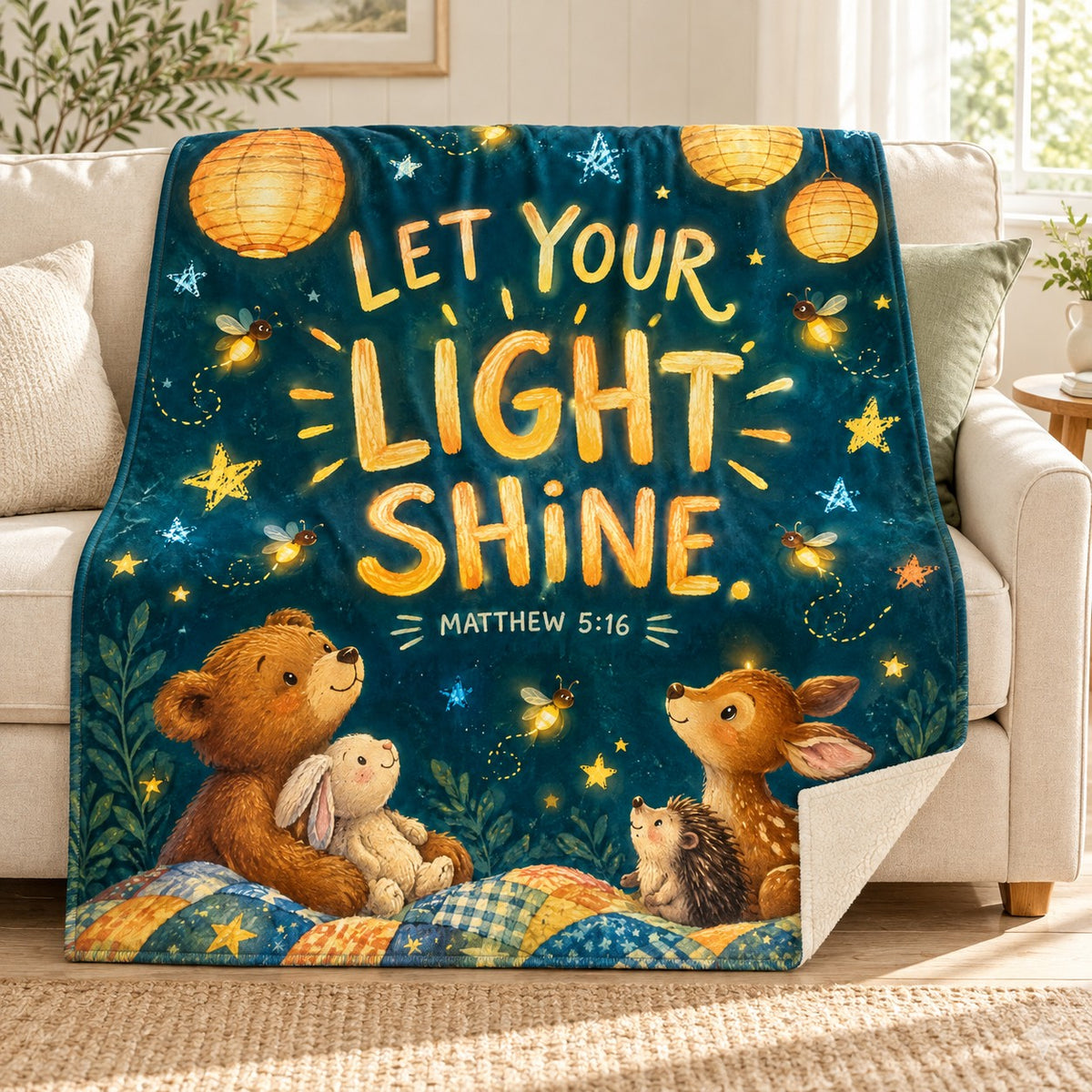Let Your Light Shine blanket, on a sofa