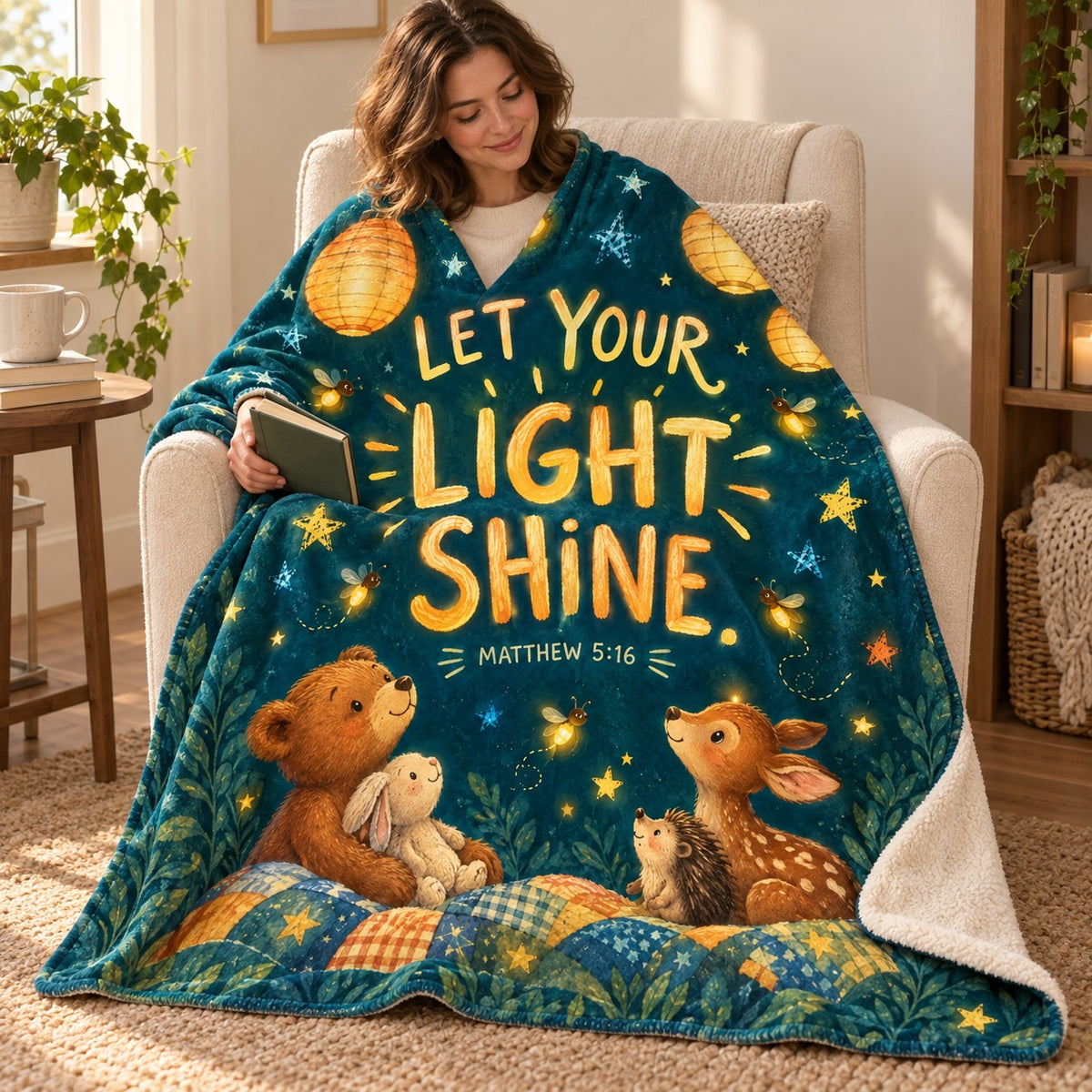 Let Your Light Shine blanket, wrapped around a reader