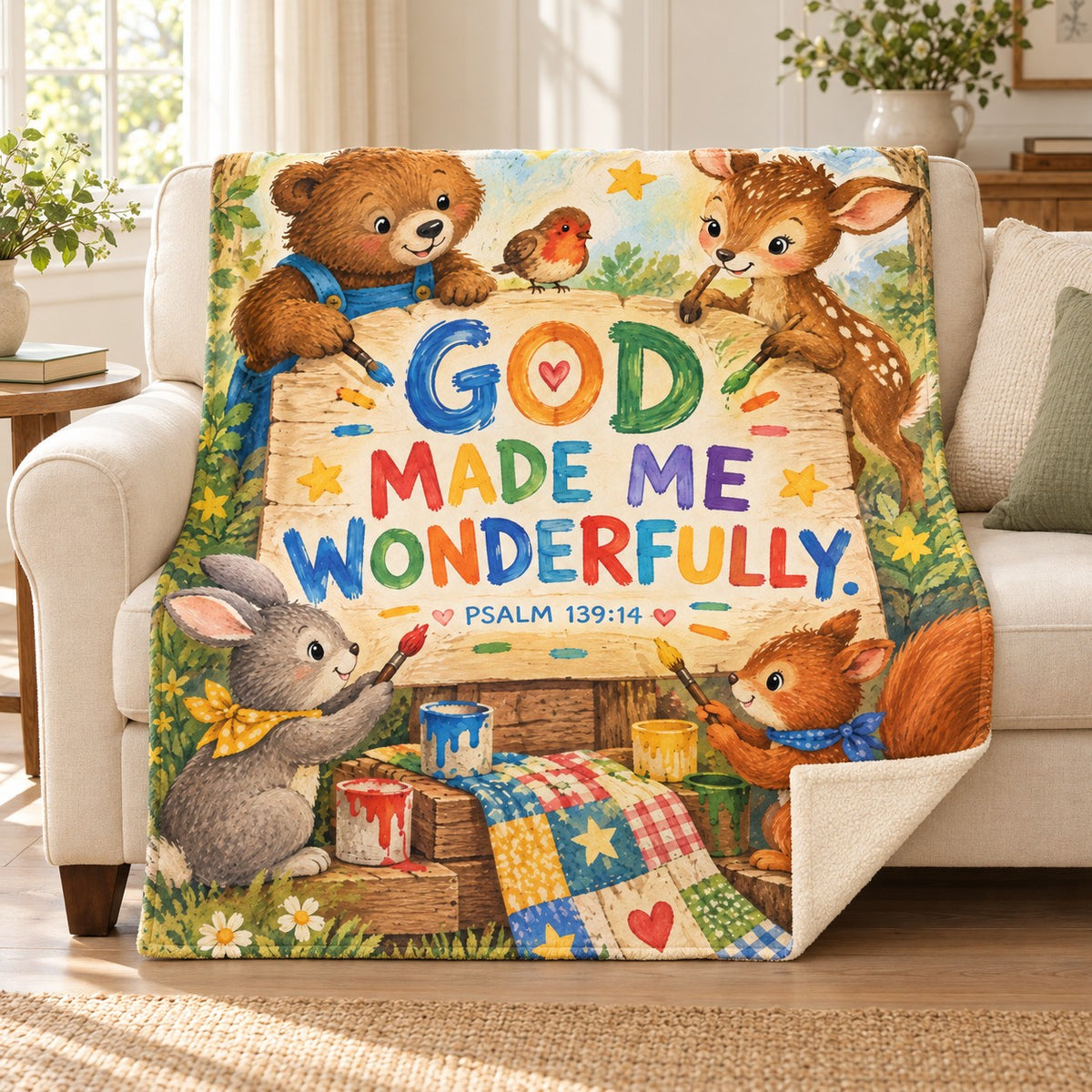 God Made Me Wonderfully blanket, on a sofa