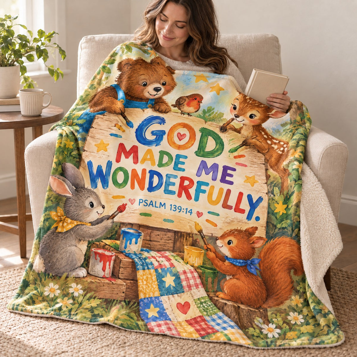 God Made Me Wonderfully blanket, wrapped around a reader