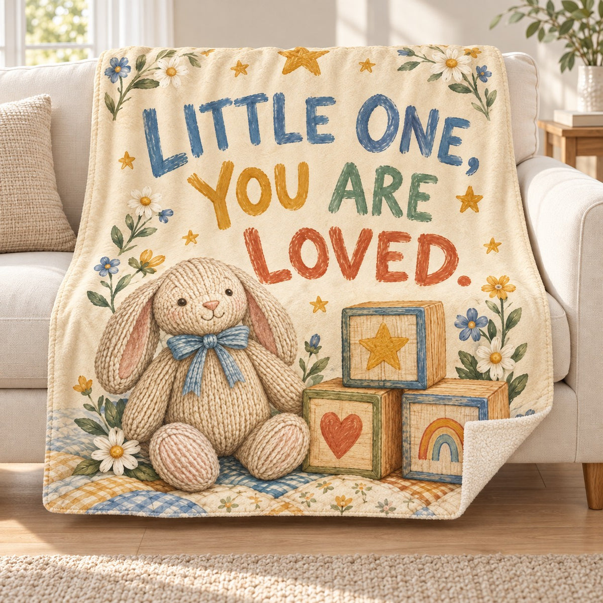 Little One Loved blanket, on a sofa