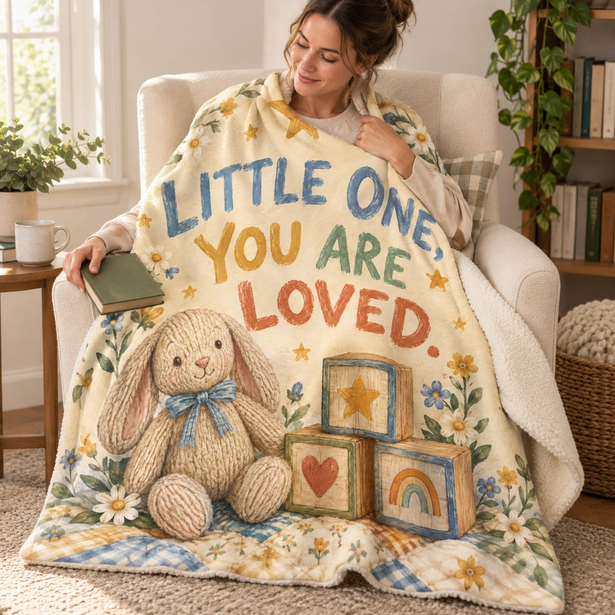 Little One Loved blanket, wrapped around a reader