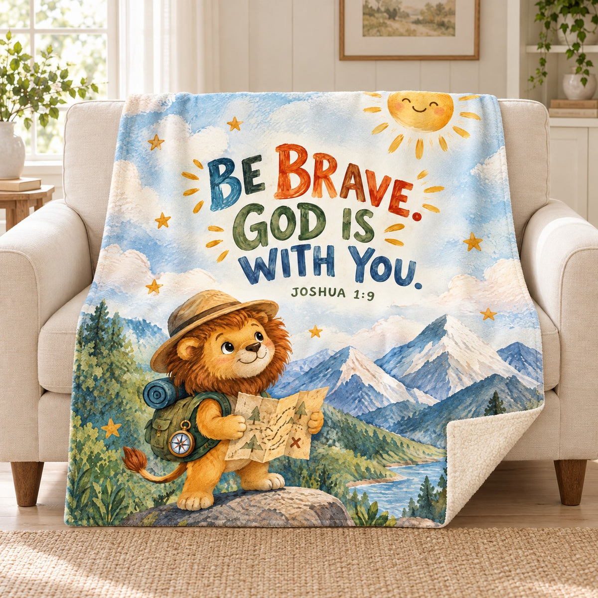 Be Brave blanket, on a sofa