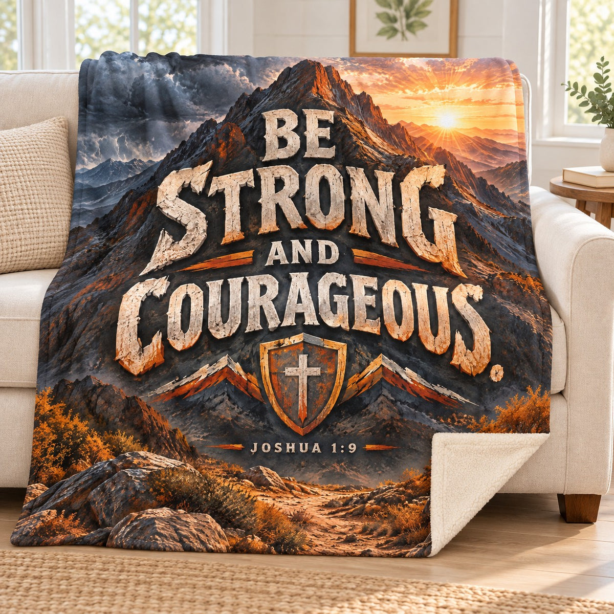 Strong and Courageous blanket, on a sofa