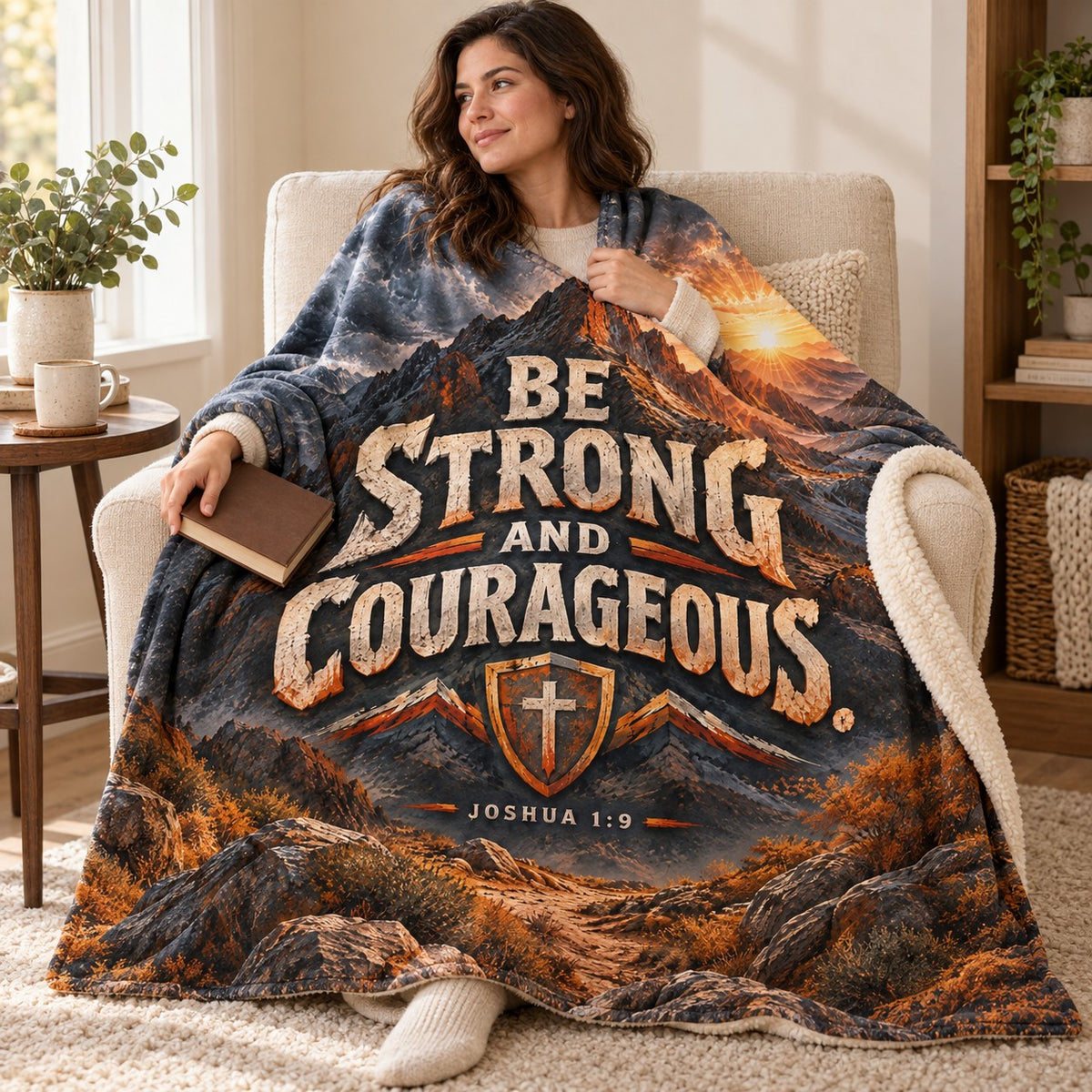 Strong and Courageous blanket, wrapped around a reader