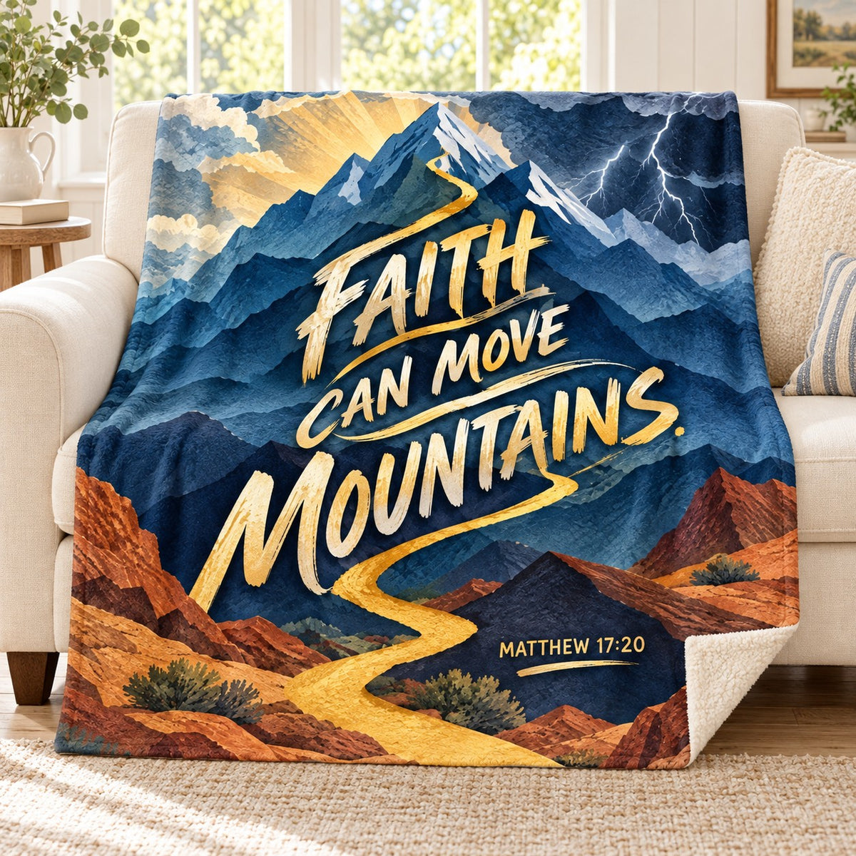 Move Mountains blanket, on a sofa