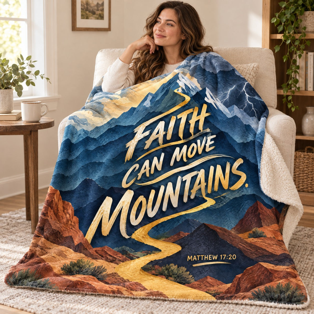 Move Mountains blanket, wrapped around a reader